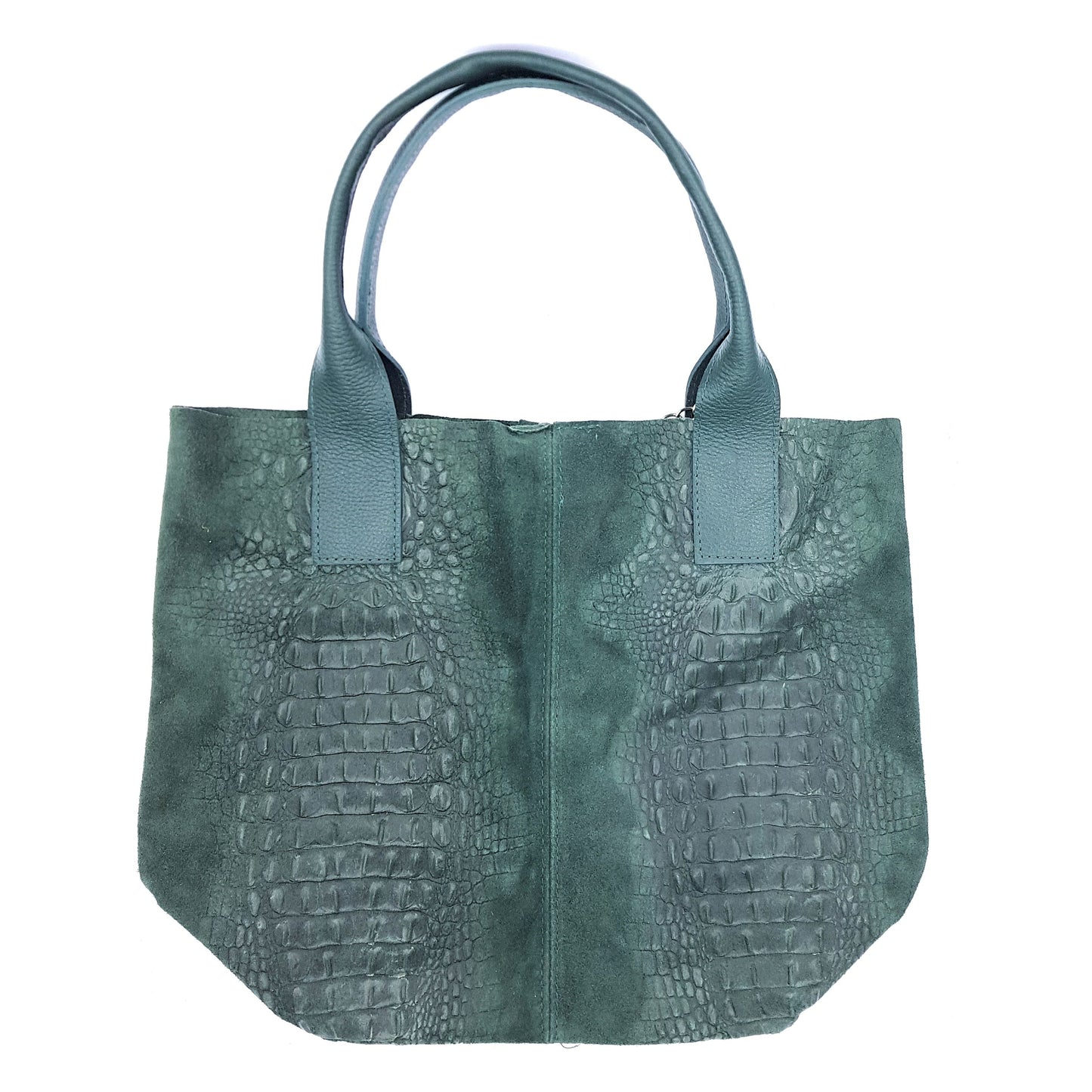 Gator shopper bag in alligator-embossed suede leather ~ Fir green