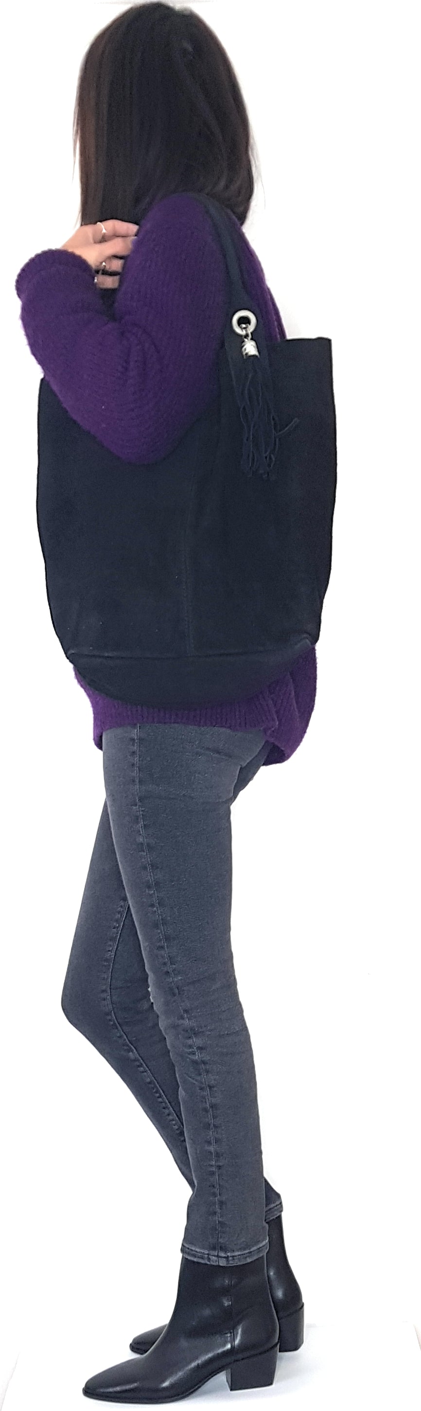 Aiyana Suede Leather Shopper Bag ~ Black