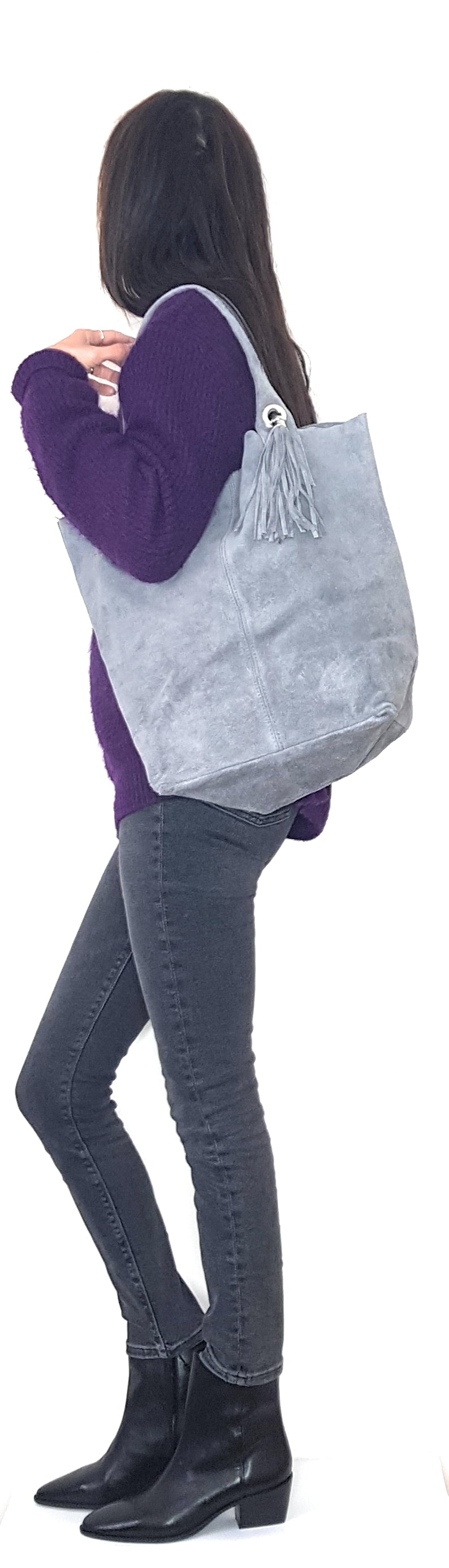 Aiyana Suede Leather Shopper Bag ~ Grey