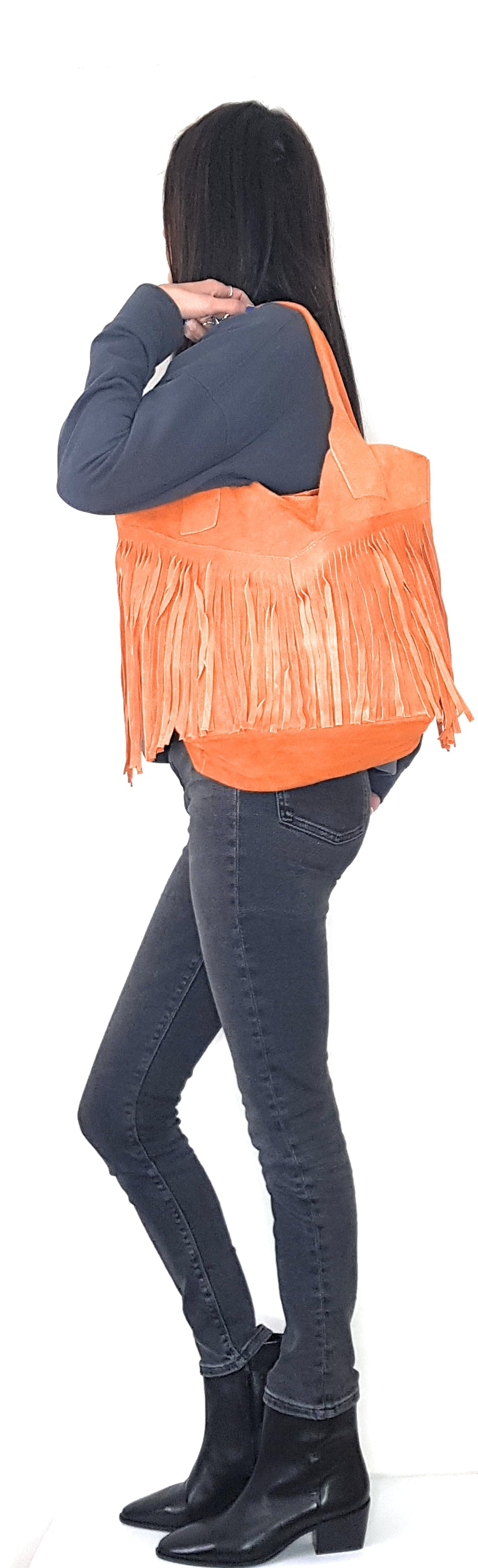 Naya Fringed Suede Shopper Bag ~ Orange