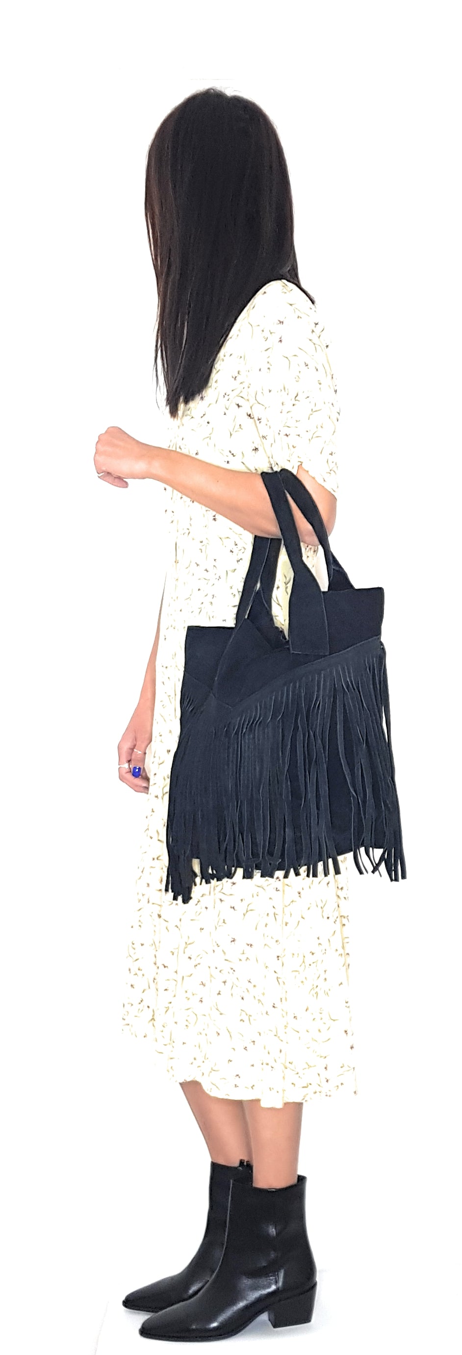Naya Fringed Suede Leather Shopper Bag ~ Black