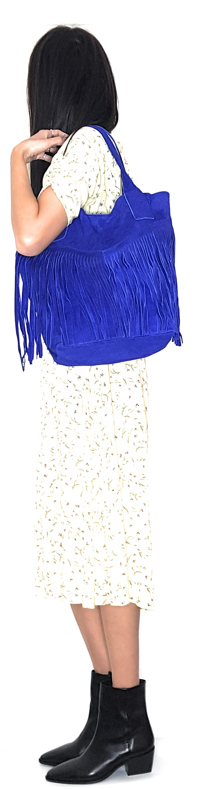 Naya Fringed Suede Leather Shopper Bag ~ Royal Blue