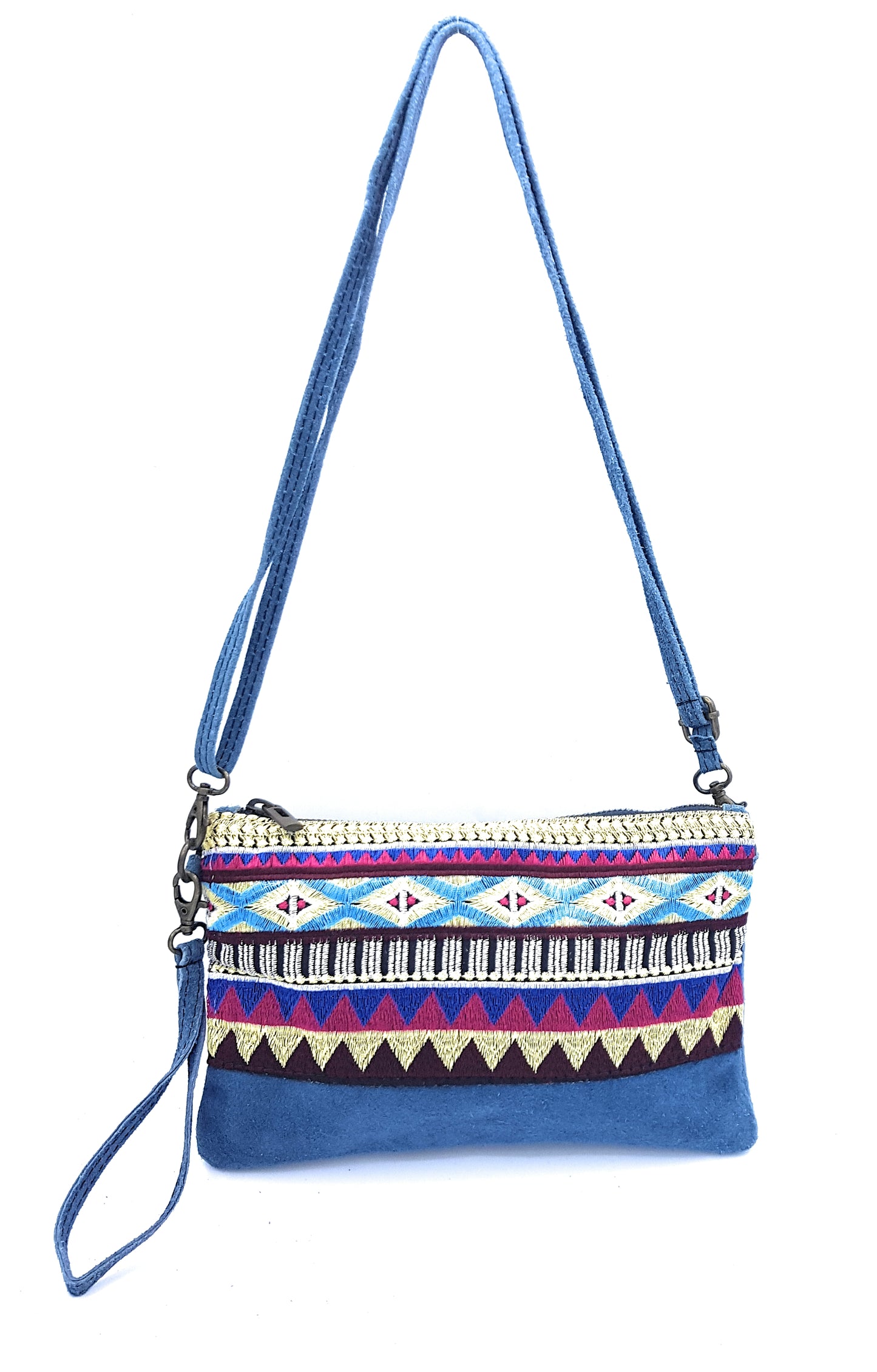 Namata suede leather clutch bag with embroidery ~ Denim blue