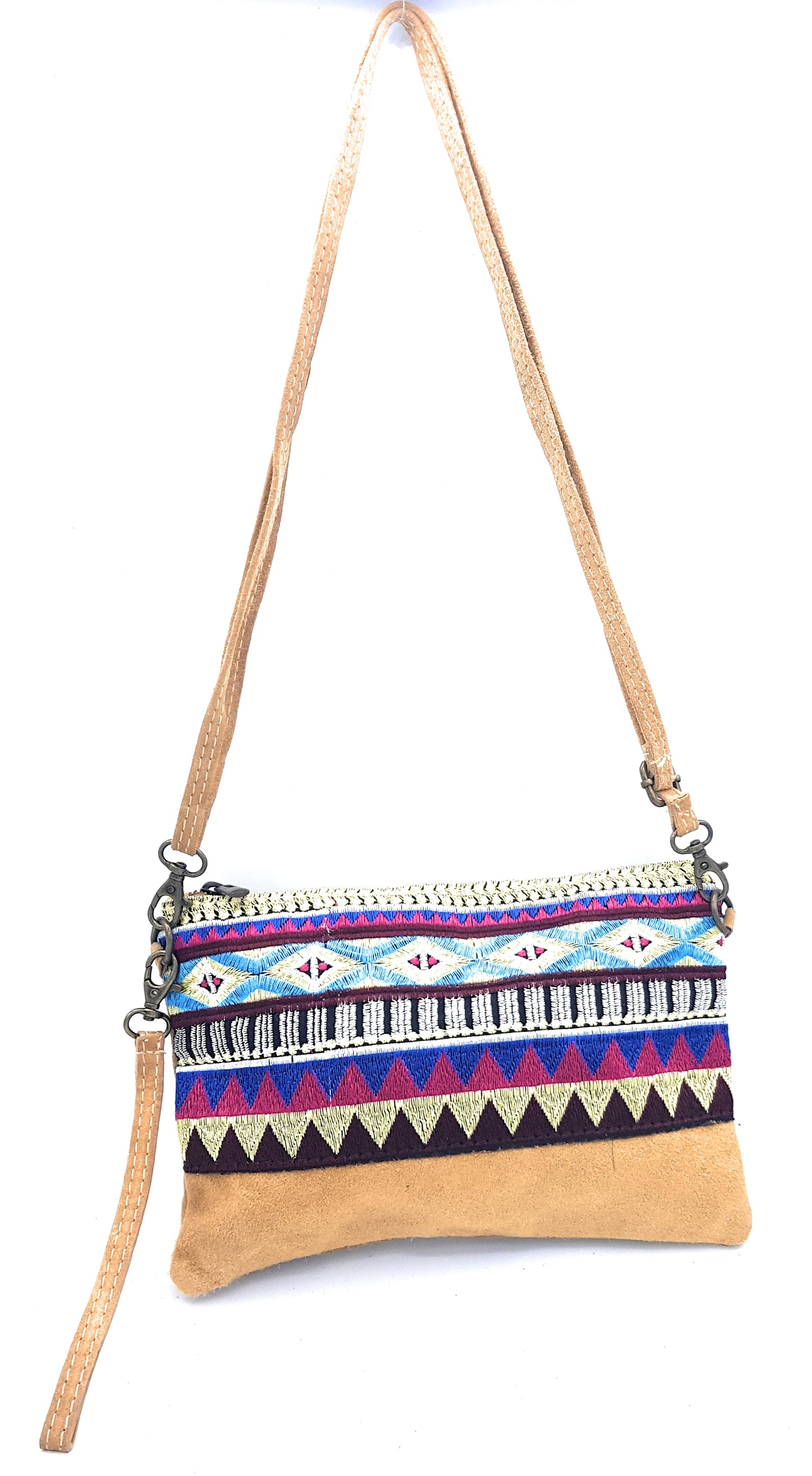 Namata Suede Leather Clutch Bag with Embroidery ~ Camel