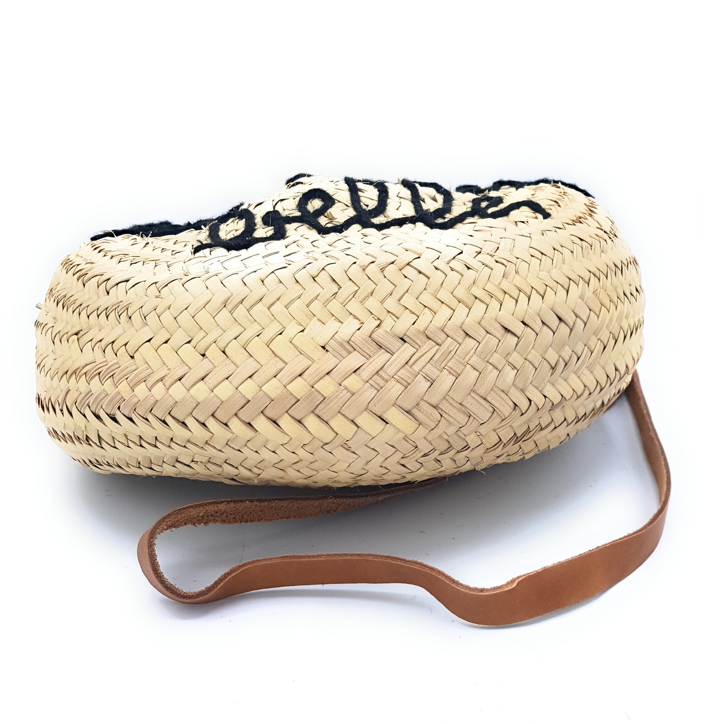 Ama "Life is Beautiful" Palm Leaf Beach Bag with Leather Shoulder Strap ~ Black