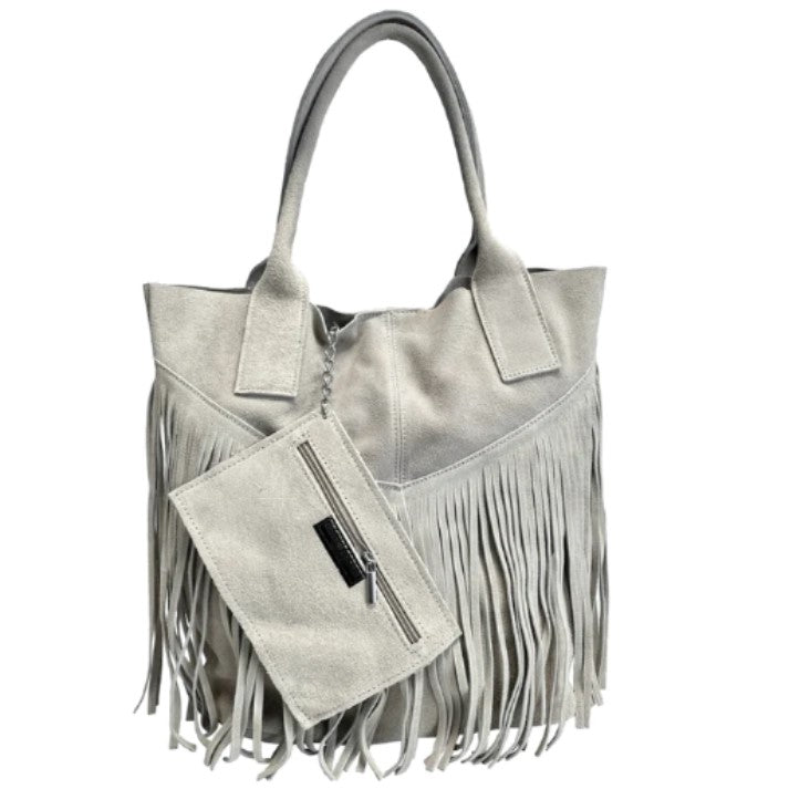 Naya Fringed Suede Leather Shopper Bag ~ White