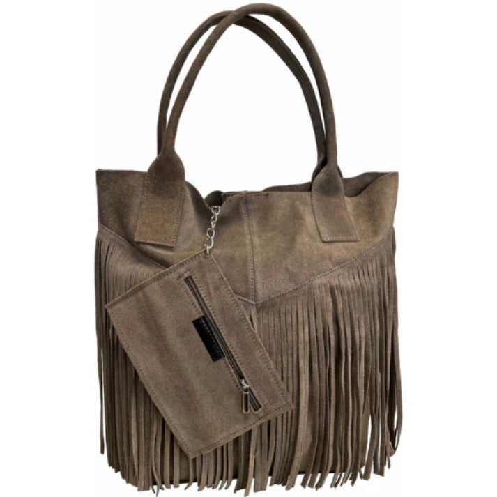 Naya Fringed Suede Leather Shopper Bag ~ Sand