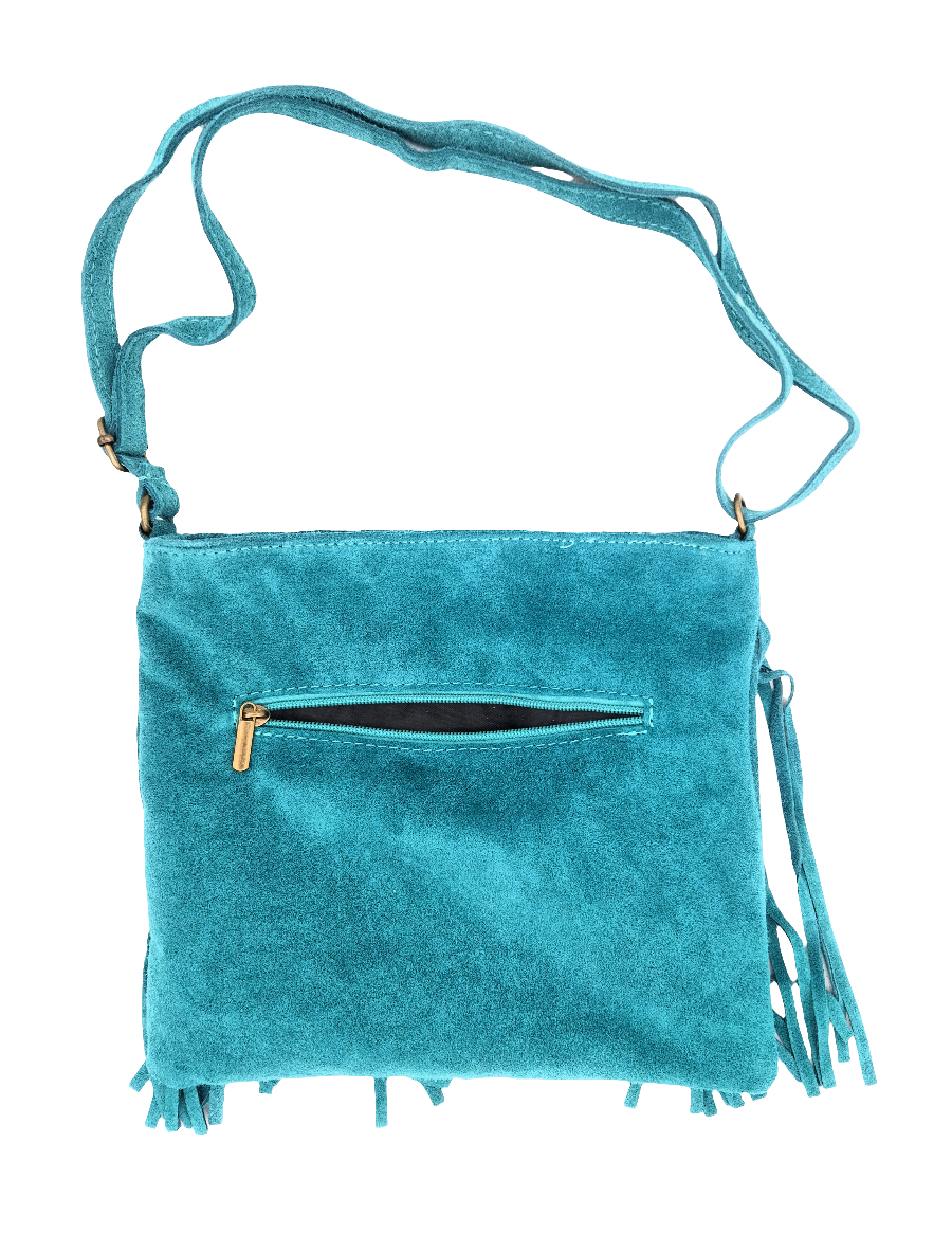 Sac à bandoulière en cuir suèdé à franges Chenoa ~ Turquoise
