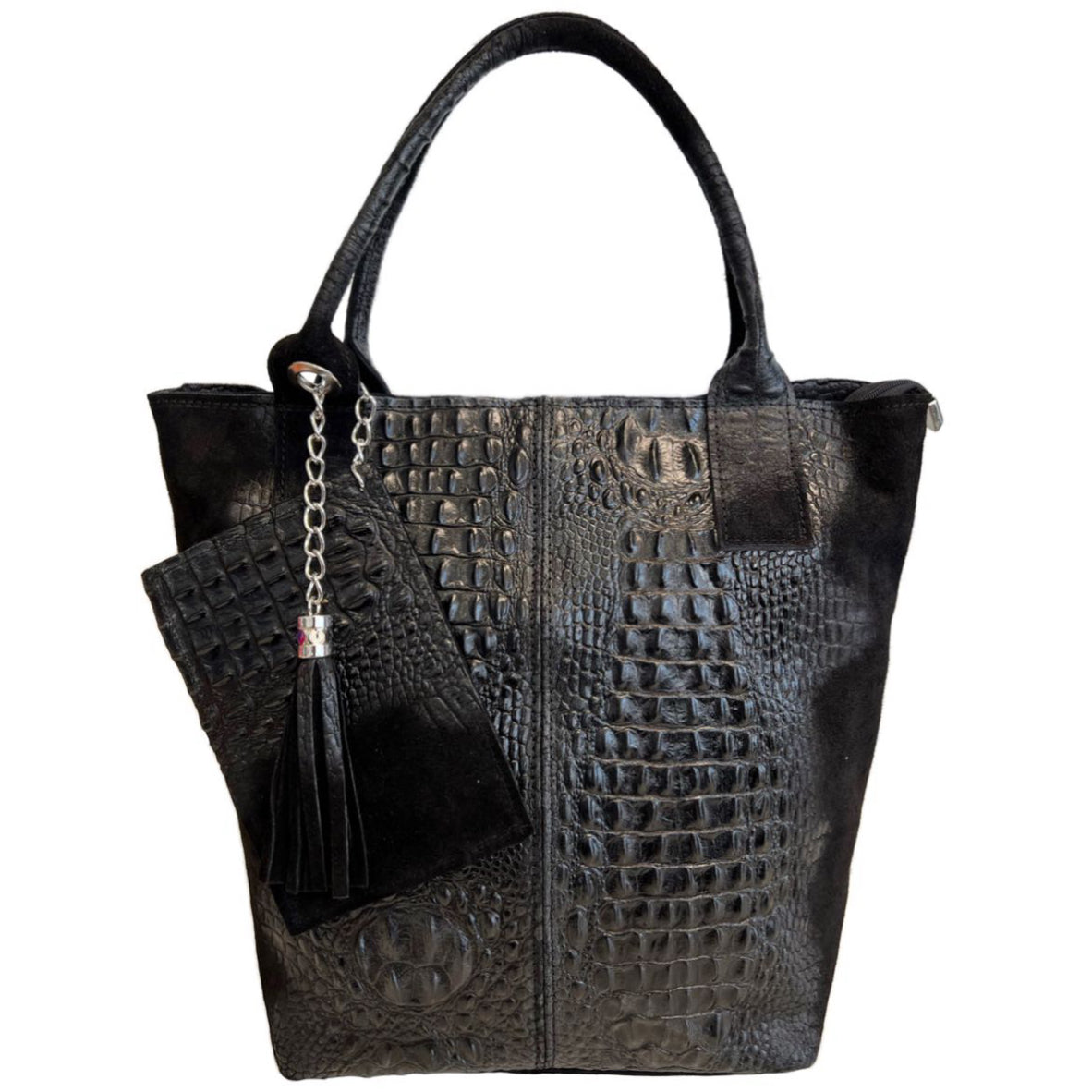 Sac shopper Aiyana en cuir suèdé embossé alligator ~ Noir