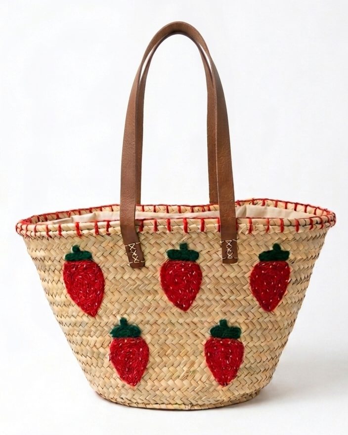 Panier en palmier doum tressé à la main et brodé en laine avec anse en cuir ~ Fraise