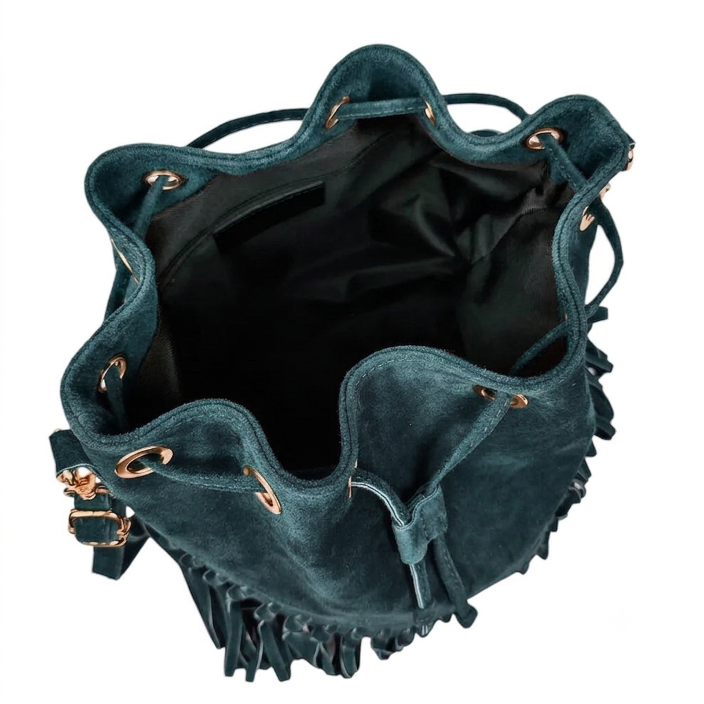 Sac bourse à franges Mahala en cuir suédé ~ Vert pétrole