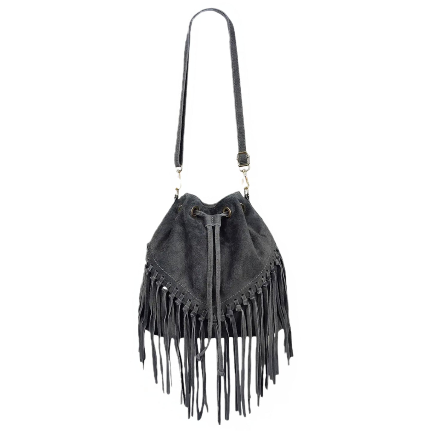 Sac bourse à franges Mahala en cuir suédé ~ Gris foncé