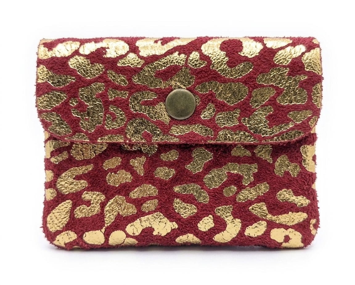 Porte-monnaie Aponi léopard en cuir suédé italien ~ Rouge / Doré
