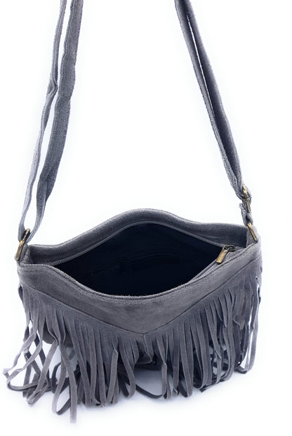 Chenoa Fringed Suede Leather Shoulder Bag ~ Grey