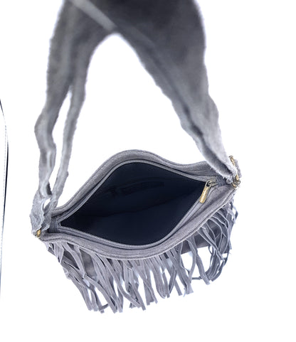 Chenoa Fringed Suede Leather Shoulder Bag ~ Grey