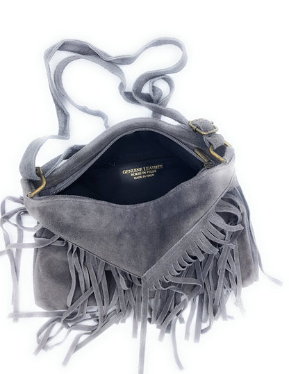 Chenoa Fringed Suede Leather Shoulder Bag ~ Grey