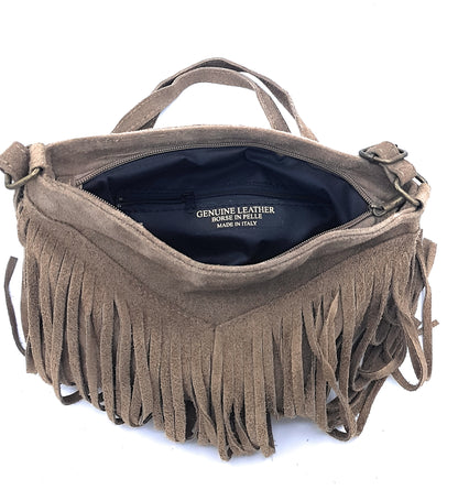Chenoa Fringed Suede Leather Shoulder Bag ~ Taupe Brown