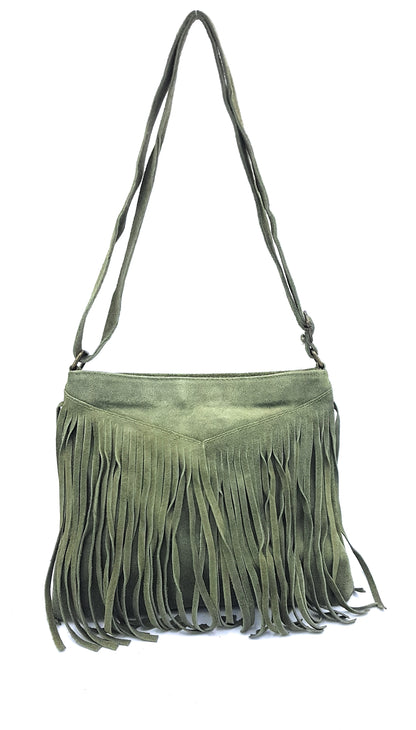Chenoa Fringed Suede Leather Shoulder Bag ~ Fir Green