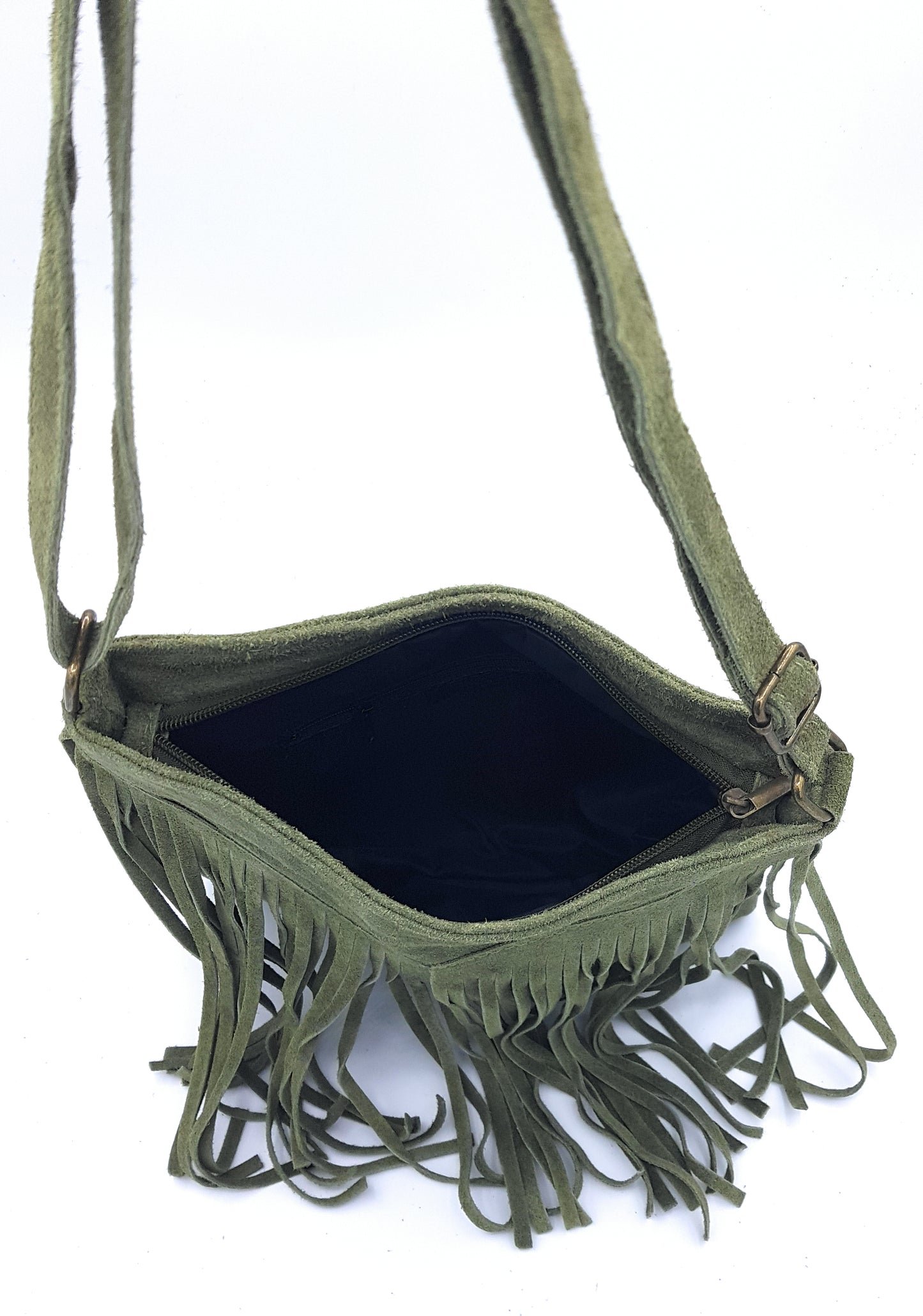 Sac à bandoulière en cuir suèdé à franges Chenoa ~ Vert sapin