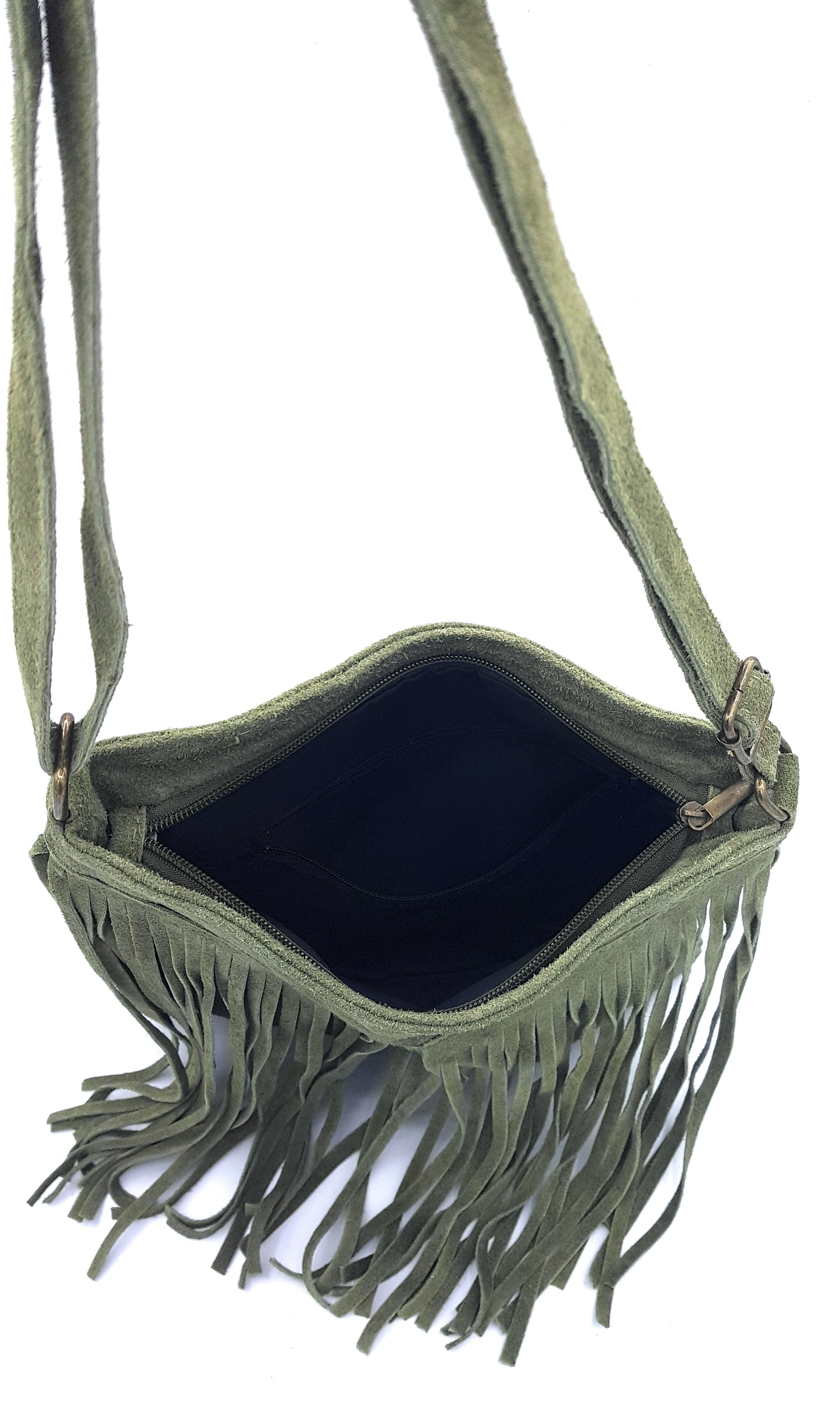 Sac à bandoulière en cuir suèdé à franges Chenoa ~ Vert sapin