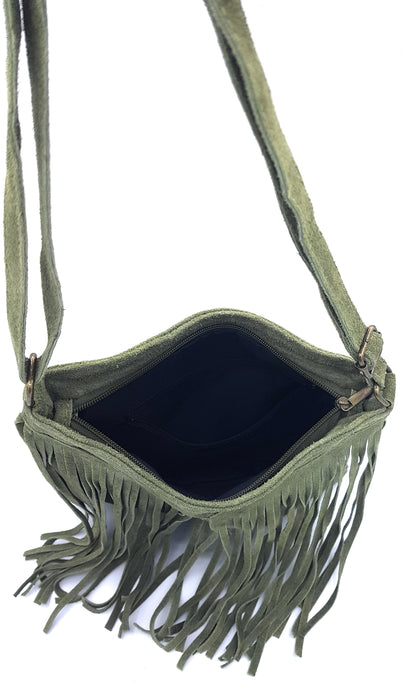 Chenoa Fringed Suede Leather Shoulder Bag ~ Fir Green