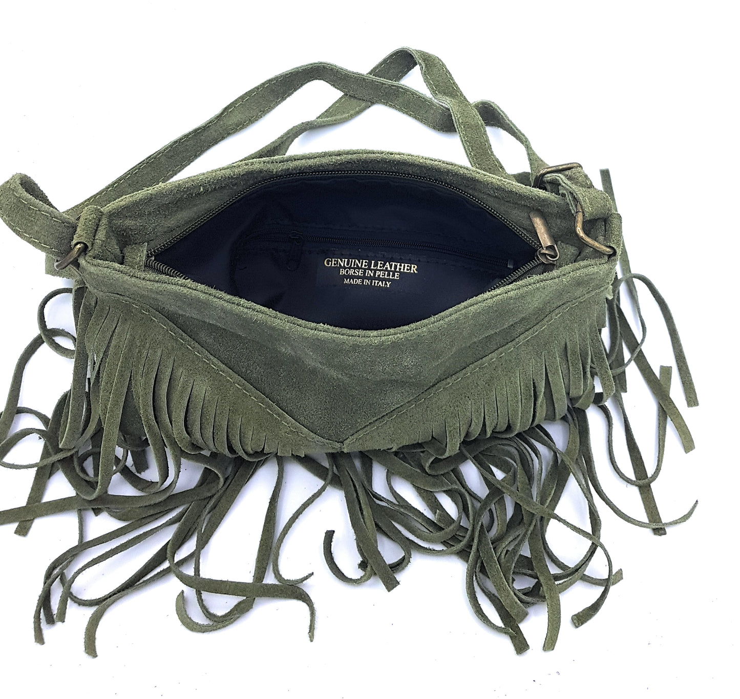 Sac à bandoulière en cuir suèdé à franges Chenoa ~ Vert sapin