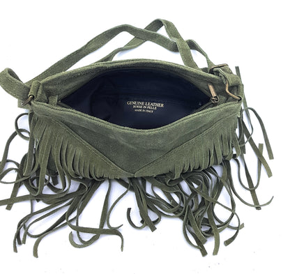 Chenoa Fringed Suede Leather Shoulder Bag ~ Fir Green