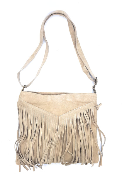 Chenoa Fringed Suede Leather Shoulder Bag ~ Beige