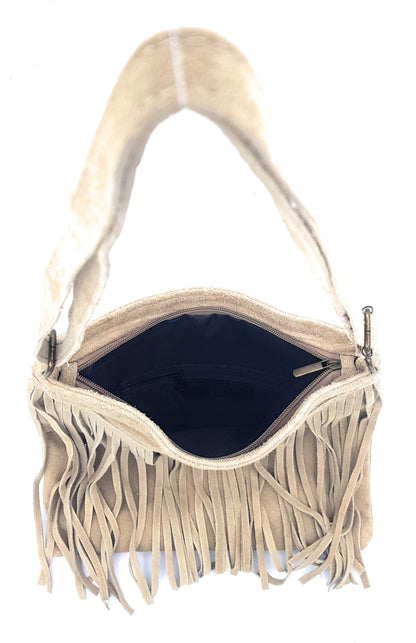 Chenoa Fringed Suede Leather Shoulder Bag ~ Beige