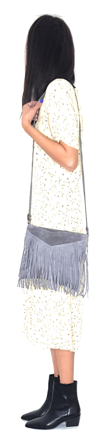 Chenoa Fringed Suede Leather Shoulder Bag ~ Grey