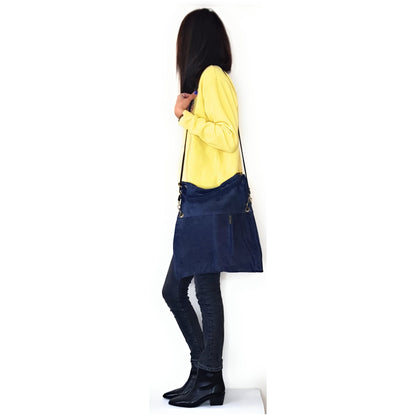 Talasi Suede Leather Messenger Bag ~ Navy Blue