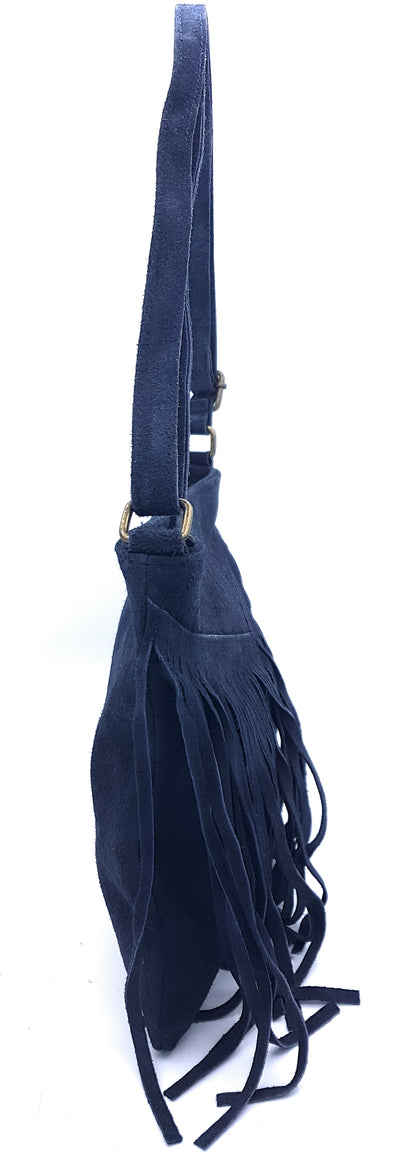 Chenoa Fringed Suede Leather Shoulder Bag ~ Charcoal Black
