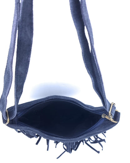 Chenoa Fringed Suede Leather Shoulder Bag ~ Charcoal Black