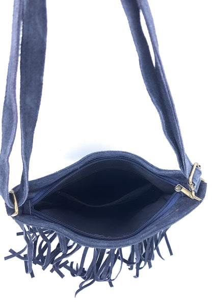 Chenoa Fringed Suede Leather Shoulder Bag ~ Charcoal Black