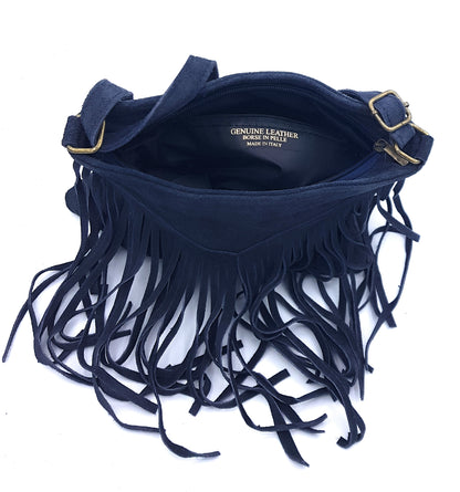 Chenoa Fringed Suede Leather Shoulder Bag ~ Charcoal Black