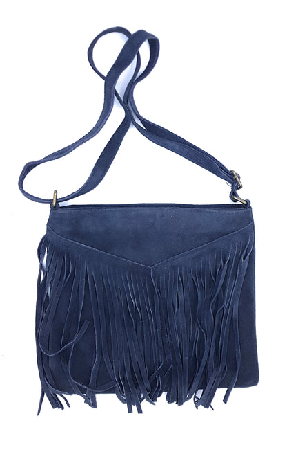 Chenoa Fringed Suede Leather Shoulder Bag ~ Charcoal Black