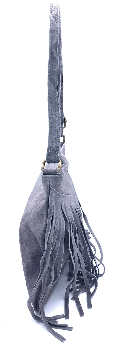 Chenoa Fringed Suede Leather Shoulder Bag ~ Grey