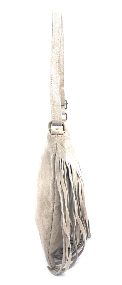 Chenoa Fringed Suede Leather Shoulder Bag ~ Beige