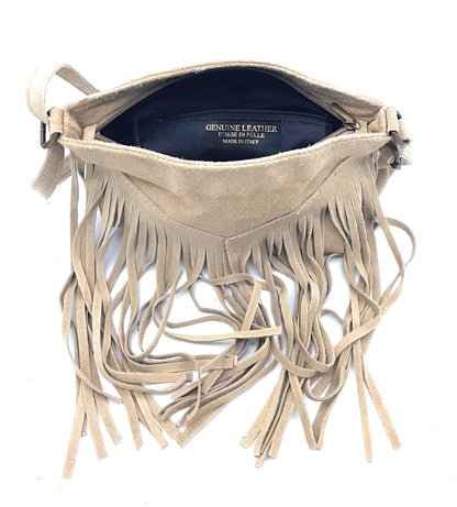 Chenoa Fringed Suede Leather Shoulder Bag ~ Beige