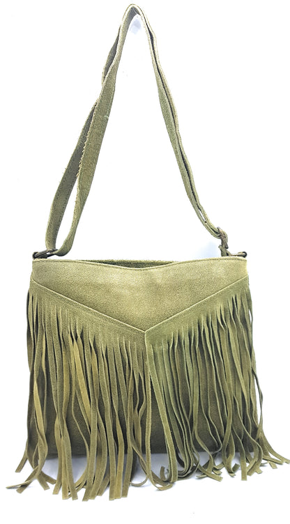 Chenoa Fringed Suede Leather Shoulder Bag ~ Olive Green