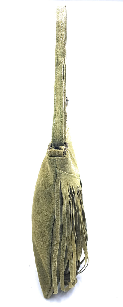 Chenoa Fringed Suede Leather Shoulder Bag ~ Olive Green