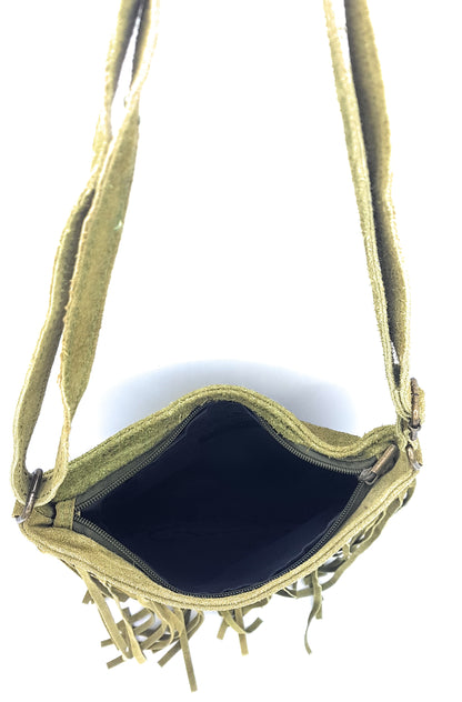 Chenoa Fringed Suede Leather Shoulder Bag ~ Olive Green