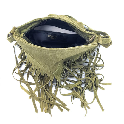 Chenoa Fringed Suede Leather Shoulder Bag ~ Olive Green