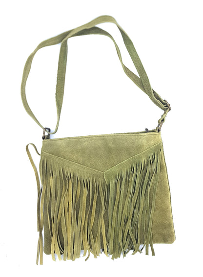 Chenoa Fringed Suede Leather Shoulder Bag ~ Olive Green