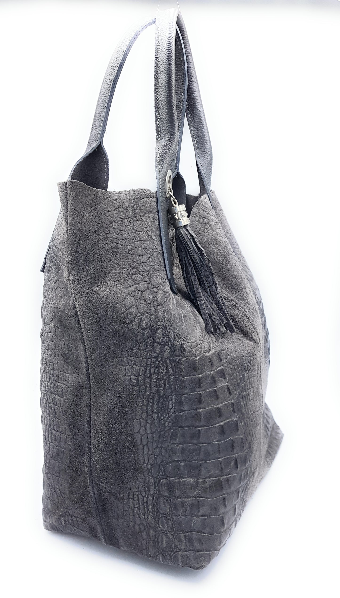 Gator Shopper Bag in Alligator Embossed Suede Leather ~ Grey