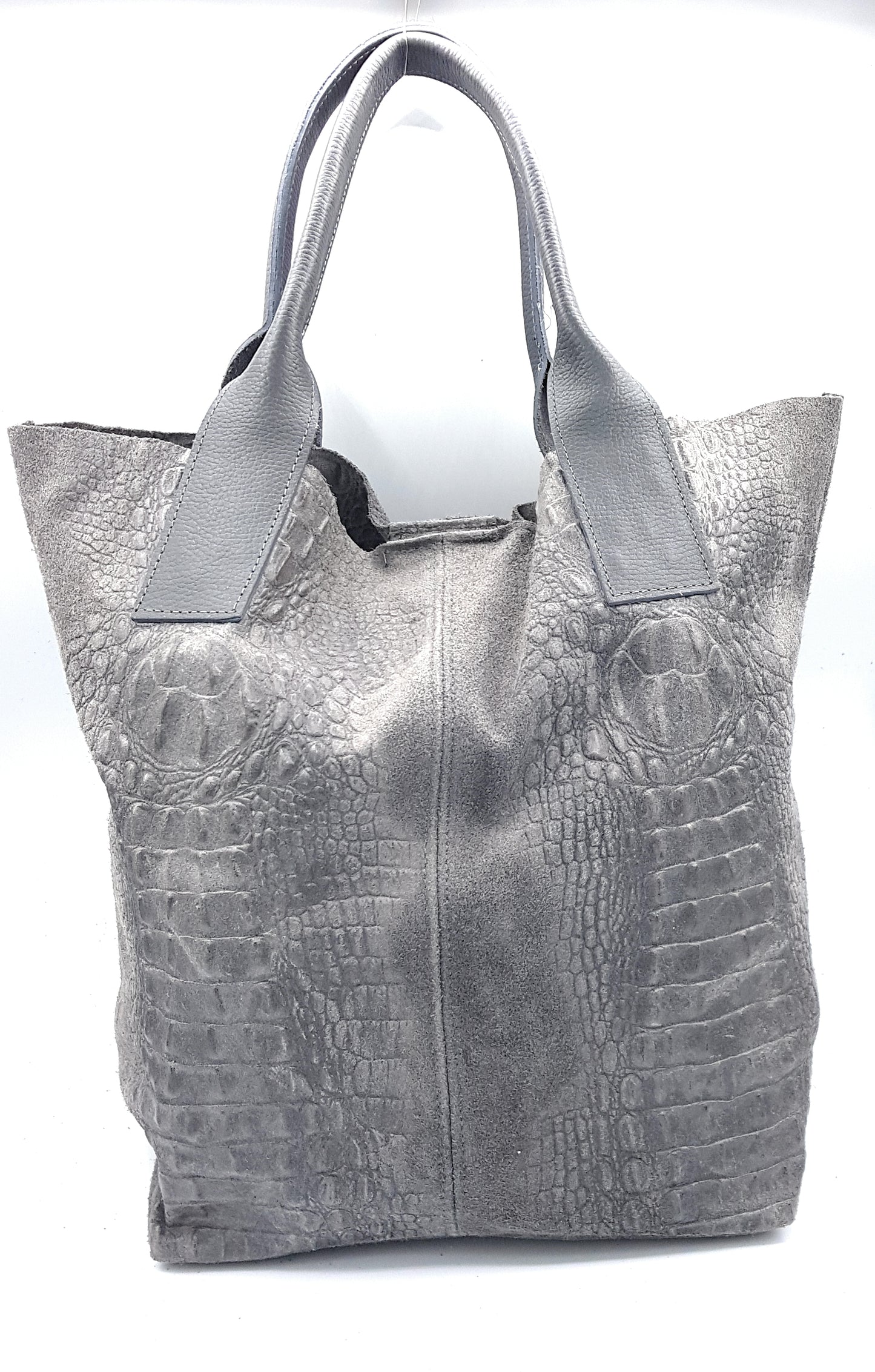 Gator Shopper Bag in Alligator Embossed Suede Leather ~ Grey