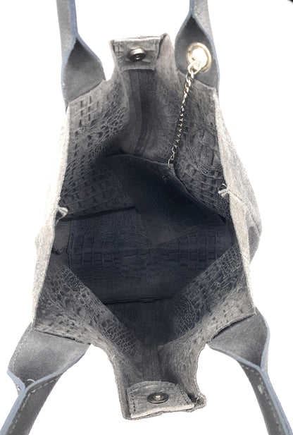 Gator Shopper Bag in Alligator Embossed Suede Leather ~ Grey