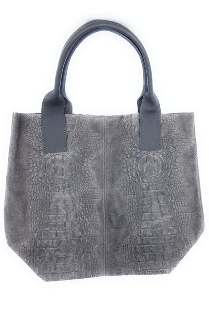 Gator Shopper Bag in Alligator Embossed Suede Leather ~ Grey