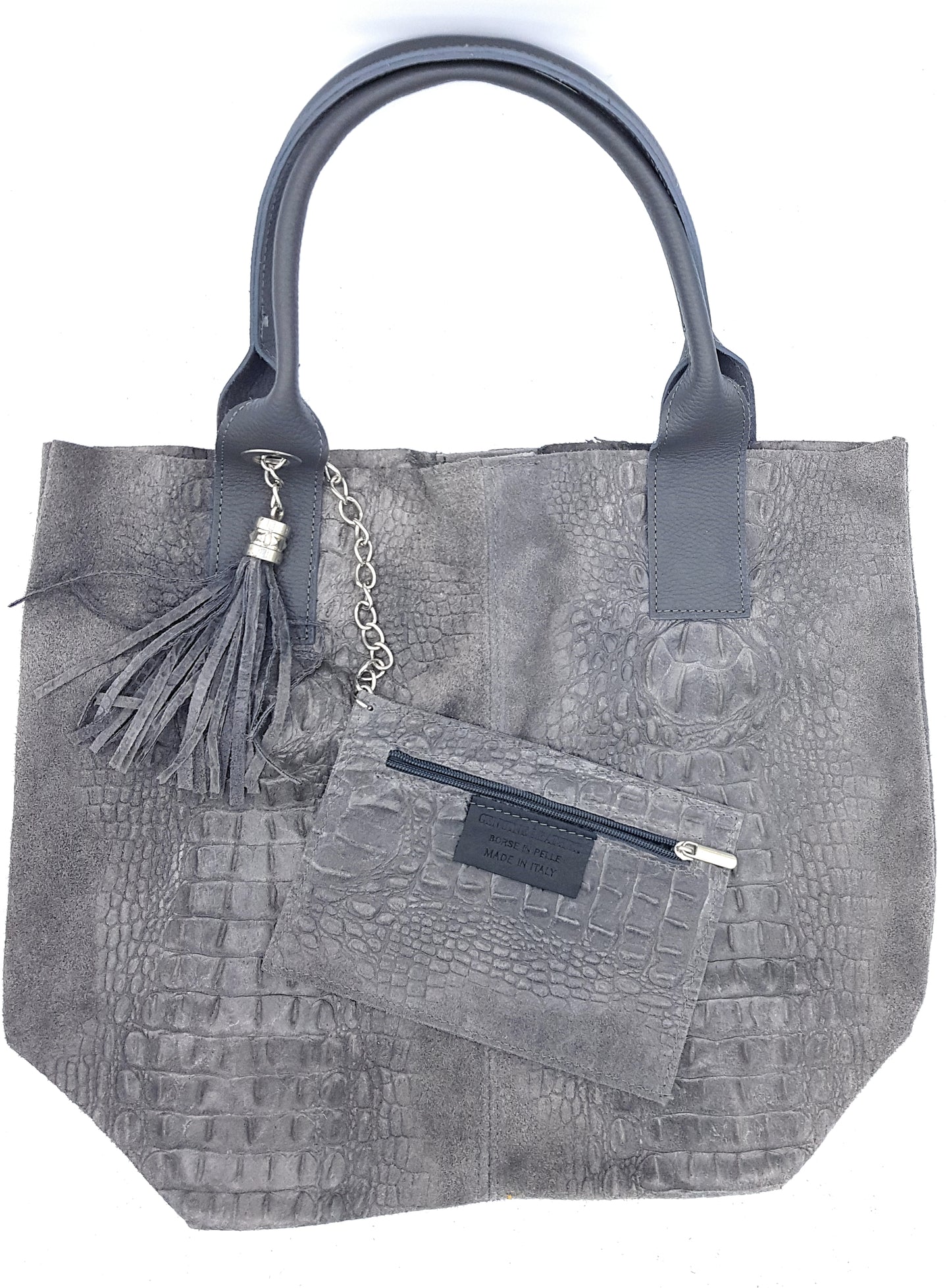 Gator Shopper Bag in Alligator Embossed Suede Leather ~ Grey