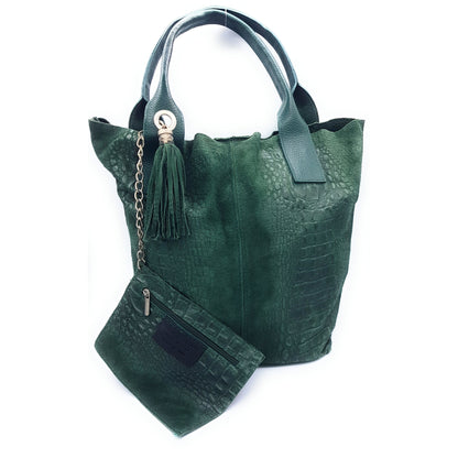 Gator shopper bag in alligator-embossed suede leather ~ Fir green 